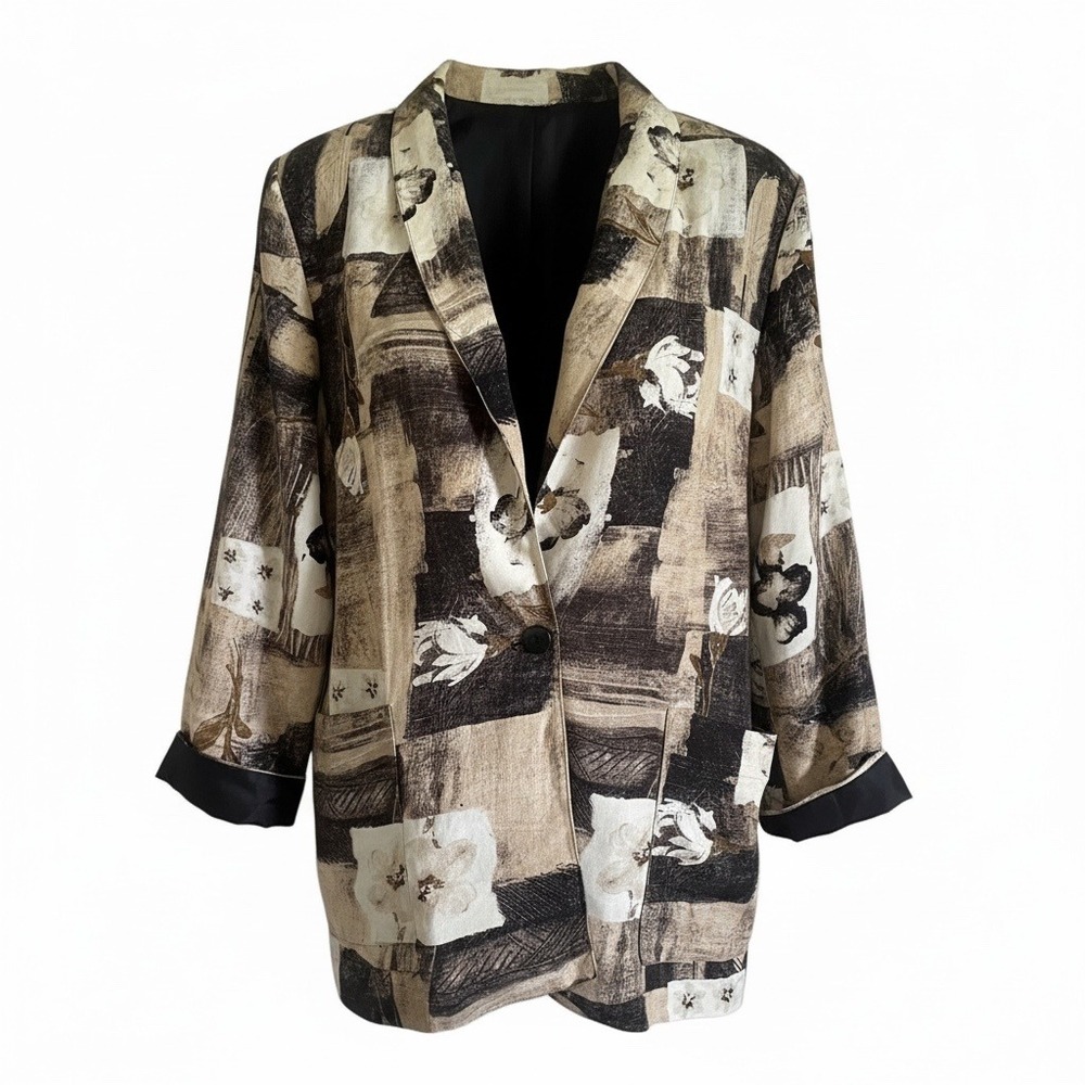 Vintage Kensington Square Linen Blend Abstract Womens 2X Blazer Jacket Tan Black